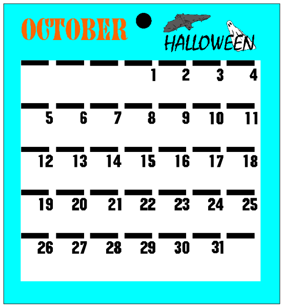The calendar displays "October" at top with Halloween theme decorations around it; dates from 1 to 30 October listed in a grid format on blue background within white borders. There is no visible text other than date labels and thematic elements like bats, pumpkins, ghosts, witches' hats, cobwebs, etc., which are typical Halloween decorations. The calendar has an overall festive appearance with the word "HALLOWEEN" in a stylized font at bottom right corner of image.