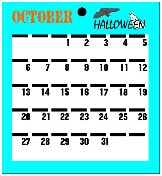 The calendar displays "October" at top with a Halloween theme; it has dates from 1 to 30 in rows of five days each, including weekends. There is an image of a bat on right side and text that reads "Halloween." It's set against blue background within the frame of what appears to be a clip-art calendar or card with white border lines indicating its grid structure. The style suggests it could serve as decoration for Halloween events, possibly in schools or offices where such calendars are used during holidays and special occasions.