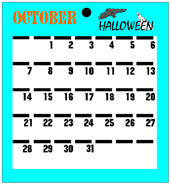 The calendar displays "October" at top with Halloween theme elements like a bat on left side of title; it has dates from 1 to 30 in rows across bottom half filled out by handwritten numbers, and is set against blue background. It's labeled as an octagon-shaped clip art image. The calendar appears to be for the month October with Halloween theme elements like a bat on left side of title; it has dates from 1 to 30 in rows across bottom half filled out by handwritten numbers, and is set against blue background. It's labeled