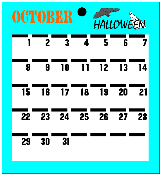 The calendar displays "October" at top with Halloween theme elements like a bat on left side of title; it has dates from 1 to 30 in rows across bottom half against blue background, showing only numbers and no days of week labels. There is also an image below the calendar that appears to be a small clip-art picture of a cat or similar animal with black outline. The overall style suggests this may have been created using Microsoft Excel spreadsheet software due to grid layout resembling cells in such program, but it's not actually from excel; rather, an
