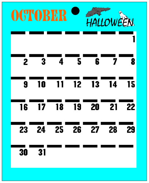 The calendar displays a Halloween theme with dates from October to November 1st marked out for events such as "Halloween" on Oct 30th and "Thanksgiving Day". It is set against an image of what appears to be a blue sky background, which contrasts the white text. There are no other objects or people visible in this small clip-art calendar. The setting seems to suggest it's meant for planning events during these holidays.