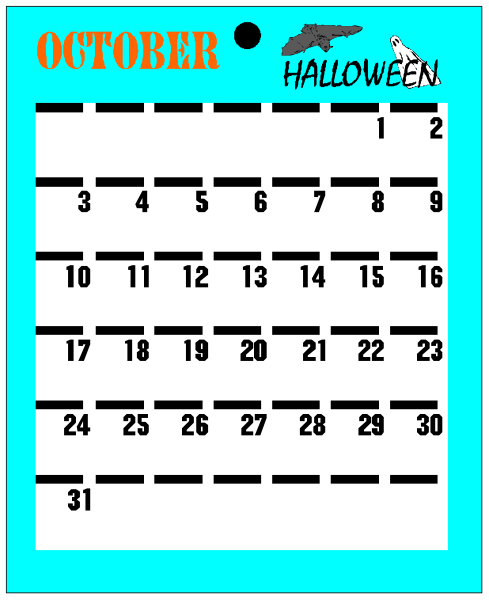 The calendar displays a Halloween theme with dates from October to November 1st marked out for events such as "Halloween" on Oct 30th. It is set against an aqua background within what appears to be a clip-art image of a desk or table, and there's text that reads "OCTOBER HOLIDAY CALENDAR." The calendar has dates from October through November first with the word Halloween on it for Oct 30th. It is set against an aqua background within what appears to be a clip-art image of a desk