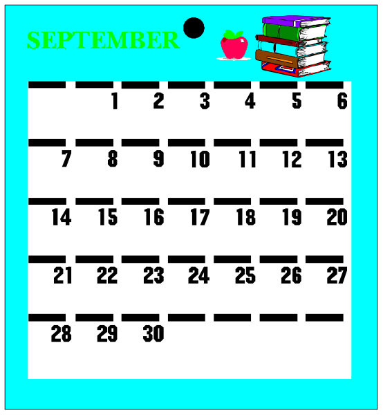 The calendar displays a September schedule with dates filled out on it; there's an apple icon at top left corner indicating "September" along with some books in background suggesting educational theme.