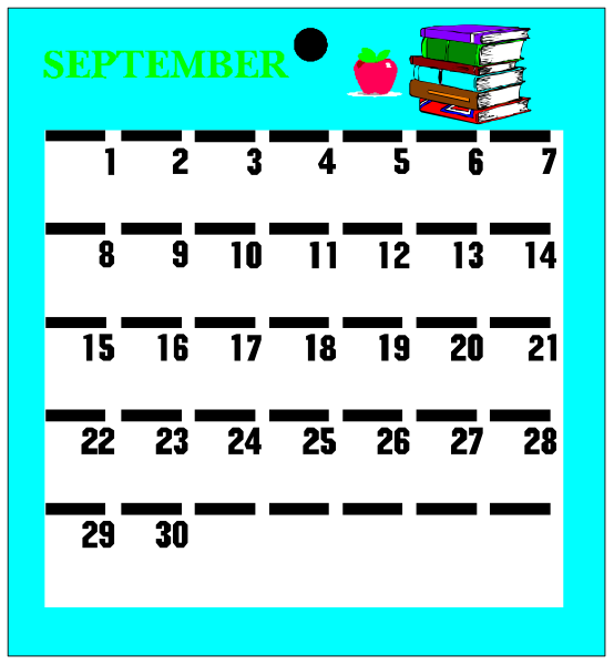 The calendar displays a September schedule with dates filled out on it against an apple background; there is also clip-art of books at top left corner indicating school supplies theme