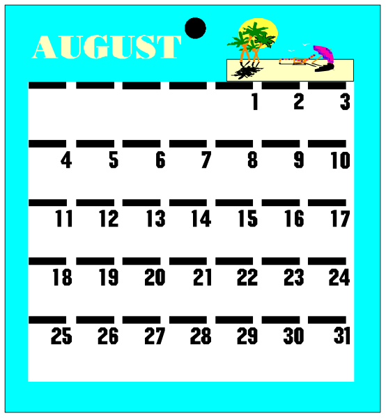 The calendar displays a beach scene with an August date highlighted on it; there is no text present to provide additional information about events in that month.