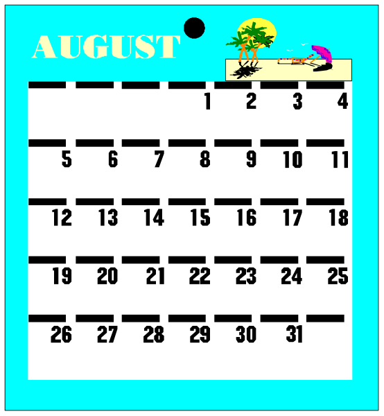 The calendar displays a month of August with dates filled out from 1 to 30; it is set against an aqua background featuring clip-art elements such as palm trees on either side at top corners, and there's a small image in bottom right corner showing two people sitting under the sun. There are no visible texts or numbers indicating specific days of August within this calendar snippet provided by AI assistant.
