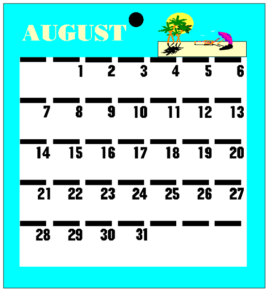 The calendar displays a beach scene with an August date highlighted on it; there is also text that reads "AUGUST" at top of image in bold letters.