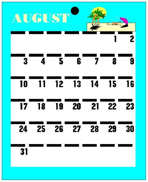 The calendar displays a month of August with dates filled out on it; there is an illustration at bottom left showing two figures playing beach volleyball under palm trees in front of water.