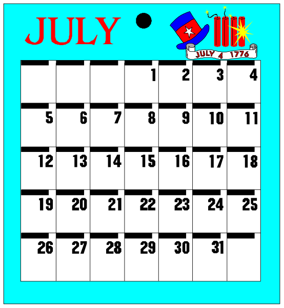 The calendar shows July with a patriotic theme featuring an American flag on top right corner of each day's box; there is also a small image of fireworks in front of it at bottom left.