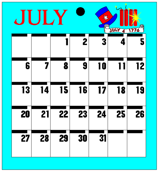 The calendar shows July with a patriotic theme featuring an American flag on top of it next to fireworks.