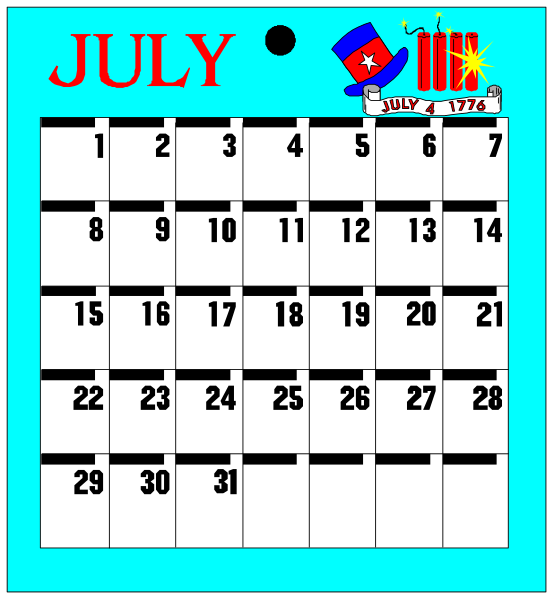 The calendar shows July with a patriotic theme featuring an American flag on top right corner of page 12. There is also a small clip-art image in bottom left showing fireworks exploding above a castle, and below that there's another smaller picture depicting two people standing next to each other under the text "July." The calendar has been altered with stickers on it; one of them appears to be an American flag.