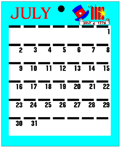 The image shows a calendar with dates from July to December 2017 displayed on it against a blue background; there is text at top that reads "JULY" in red letters above the days of the week, and below this header is an illustration depicting fireworks exploding. At bottom right corner, there's a small American flag icon with stars around it. The calendar has black lines dividing each day from others on both sides; at top left corner, there are two red dots next to the word "JULY" in white letters against blue