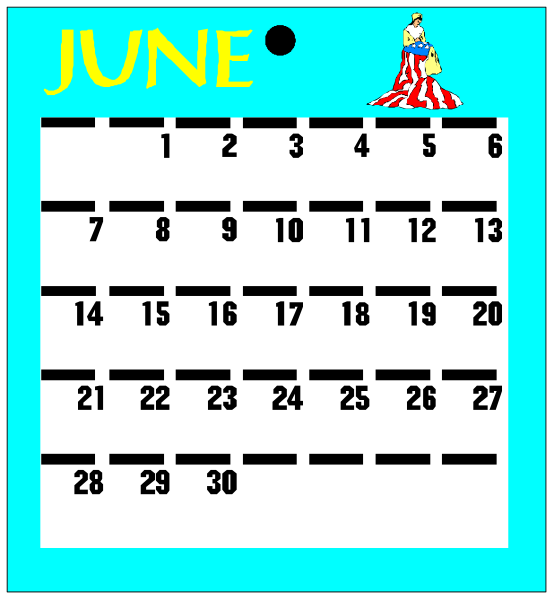 The calendar displays a month of June with dates filled out on it; there is no visible text to provide additional information about events or names associated with each date.
