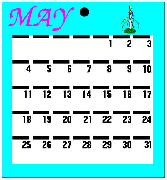The calendar shows May with dates filled out from Monday to Sunday on a blue background; it is set against an aqua backdrop featuring clip-art elements such as a plant in front of a window at top left and text "MAY" above the month name, along with decorative borders around each day.