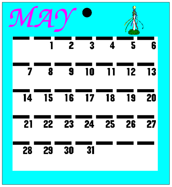 The calendar displays a May date range with dates filled out from 1 to 30, including weekdays abbreviations at top of each row; it is set against a blue background that resembles water and has an image of a candle on its left side. There are no people or animals in the picture. The setting appears to be indoors with artificial lighting illuminating the calendar from above, casting shadows below it onto what looks like carpeting.
