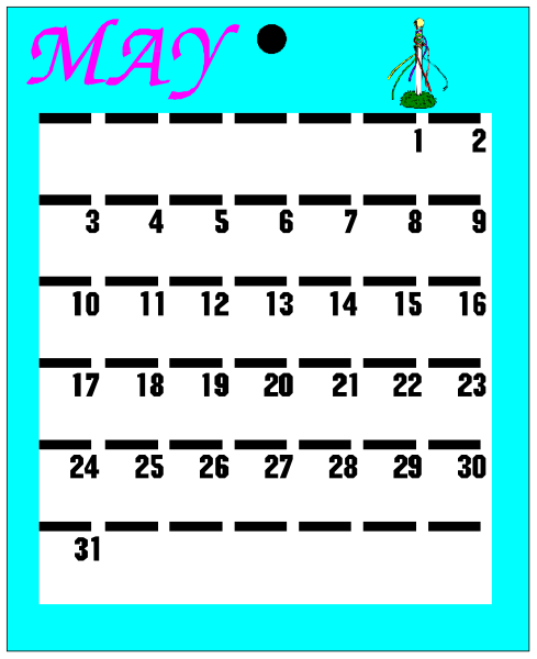 The image shows a calendar with dates from May to June 2019 displayed on it. There is also text that reads "MAY" at the top of the page in blue letters against a white background, and there's an illustration of what appears to be a plant or flower located near the bottom left corner of the image. The calendar has grid lines indicating days from May 1st through June 30th with dates written on them; however, some squares are blank where no date is shown. There is also text at the top right that says "MAY