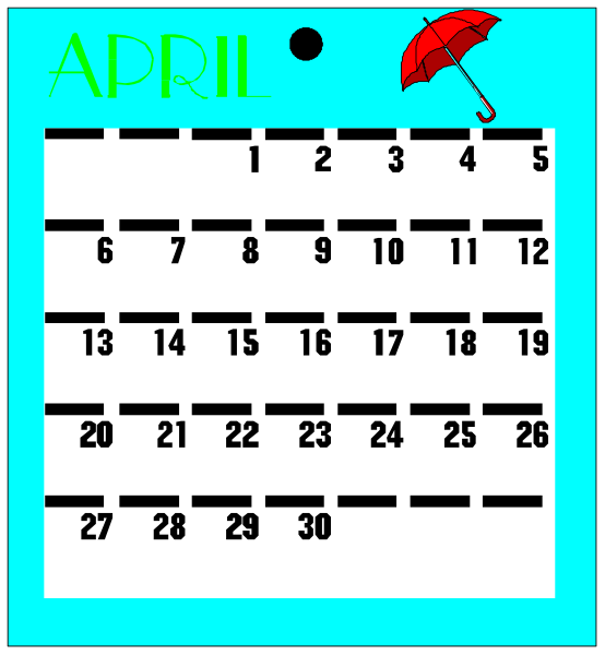 The image shows a calendar with April dates filled out on it, an umbrella icon at top right corner indicating rainy weather for that month, and text reading "April" in green font above the first date of the week.