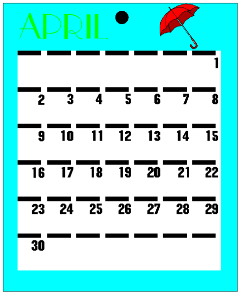 The calendar shows April dates with a blue background; it's an Easter theme month view of 2014, featuring colored eggs on each date except for Good Friday which is blacked out to represent its significance in Christian tradition and holidays such as Passover or Orthodox Holy Week that may not be observed by all. The calendar also has the word "April" at top left corner with a small umbrella icon next to it, indicating rainy weather typically associated with April showers; there is an Easter bunny on Good Friday and colored eggs for each day of the
