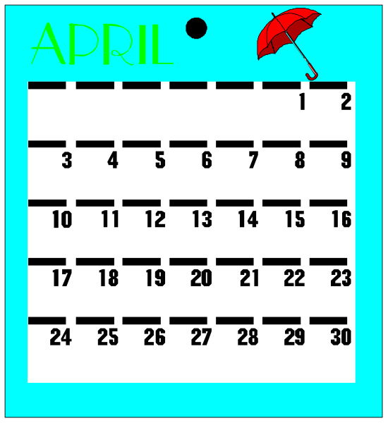 The calendar displays April dates with a blue background; it's set against an umbrella backdrop on top of which there is text that reads "April" in green letters atop each date column, and below this title, to its right side, stands a small black umbrella.