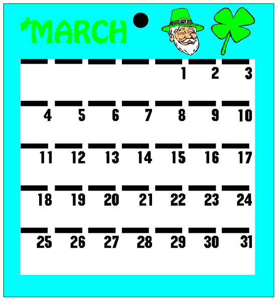 The image shows a calendar with dates from March to April 2019 displayed on it against an Irish flag background; there is also text that reads "March" at top left corner of the calendar, and below this month's name, in green font, says "St Patrick's Day." At bottom right corner, a small image depicts St. Patrick with his staff next to him on what appears to be an Irish flag background; there is also text that reads "March" at top left corner of the calendar and below this month's name in green font says