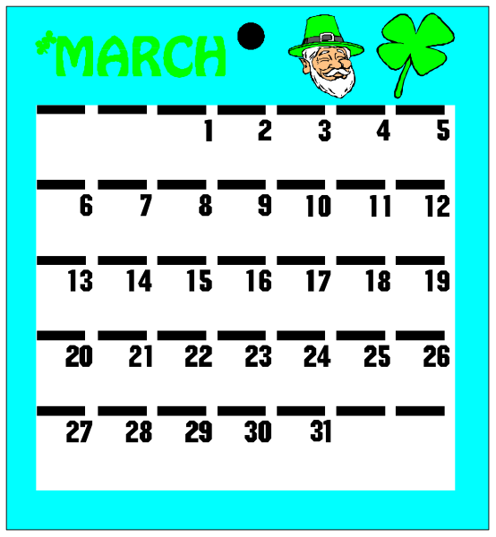 The image shows a calendar with dates from March to April 2019 displayed on it against an Irish flag background; there is also text that reads "March" at top left corner of the calendar, and below this month's name, in bold letters, is the word "ST. PATRICKS DAY." The bottom right corner features a small illustration of St Patrick with his iconic shamrock hat on it; there are also two green clovers visible at top left corners above each date column header.