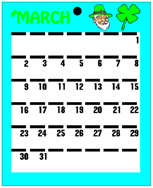The calendar displays a month of March with St Patrick's Day highlighted on 17th; it has an Irish flag design at top right corner. There is no text present in this image to provide additional context about events, names, etc., so I can only describe what is visible and not make any assumptions or interpretations based solely on the calendar content. The setting appears to be a simple representation of St Patrick's Day celebration with an Irish theme.
