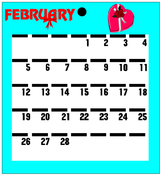 The calendar shows February dates with a red heart on it placed within an aqua blue border at bottom right corner of image.