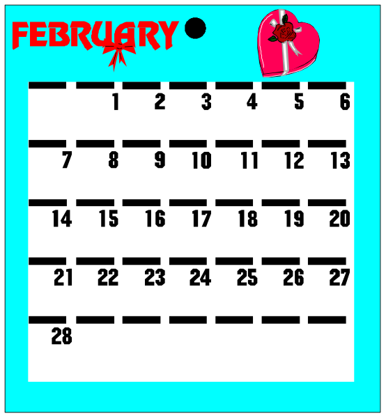 The image shows a calendar with dates from February to March 2019 displayed on it against a blue background; there is also an illustration of two hearts at the top left corner above the month "February."