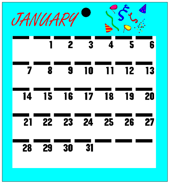 The calendar displays a month of January with dates filled out from 1 to 30th; it is presented on a blue background within an image frame that has decorative elements around its border such as confetti and party hats, suggesting celebration for New Year's Eve or the beginning of the year. There are no people, animals, actions depicted in this clip-art style illustration.