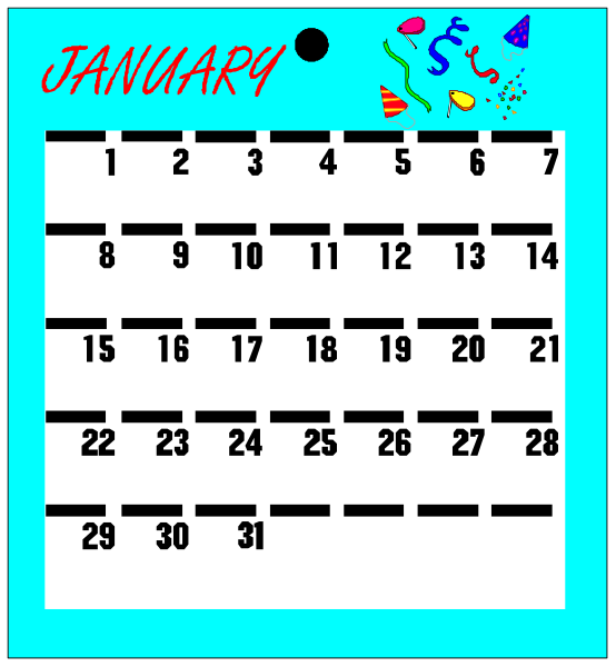 The calendar shows a month of January with dates filled out from 1 to 30th, including weekends; it is displayed on what appears to be an electronic device screen against a blue background featuring party hats and confetti at top left corner. There's also text that reads "JANUARY" above the calendar grid in red font with white outline. The style of image suggests this could be from a video game or similar digital medium, given its pixelated appearance.
