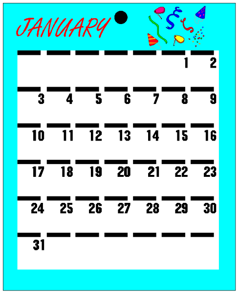 The image shows a calendar with dates from January to December 2019 displayed on it along with some clip-art elements such as party hats and confetti around the word "January." There is also text that reads, "JANUARY" at the top of each month. Additionally, there are small images representing a birthday cake for February's date 2/14 and an Easter bunny next to April's date 3/20. The calendar has been altered with clip-art elements such as party hats around "January" at