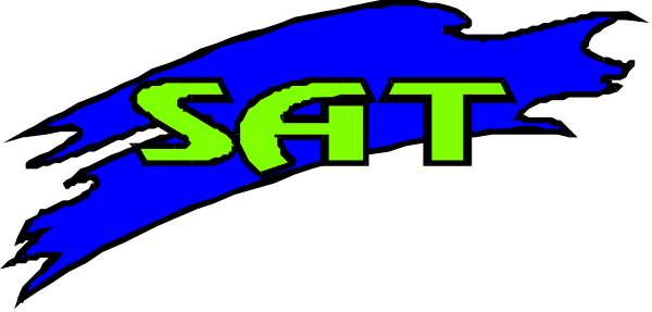 The image shows a stylized representation of an SAT test with text that reads "Sat" on it against a blue background.