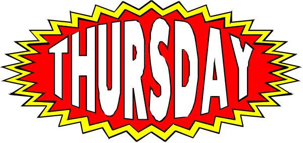 The image shows a graphic with text that reads "THURSDAY" at both ends of an elongated oval shape in bold red letters on top of two lines resembling lightning bolts; it is designed to look like a stylized banner or sign, possibly for advertising the day.