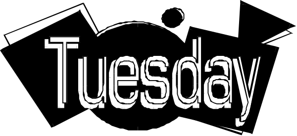 The image shows a black text that reads "Tuesday" on top of an abstract background with various shapes and lines.