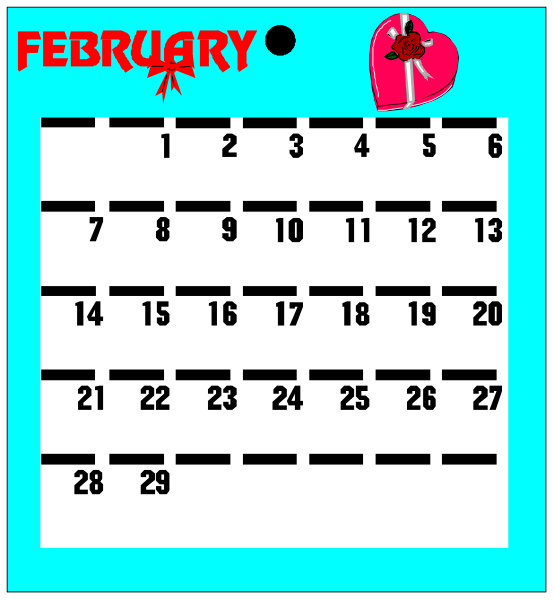 The calendar displays February with a heart symbol on it; there's no year indicated but we can assume 2019 since that is what most calendars show for this month in recent years. It has been altered to include an additional day, which appears as "February" and the date of January 31st with a heart symbol on it instead of February's usual last day (which would be the 28th or 29th). The calendar is set against a blue background. There are no other objects in this image; there are also no
