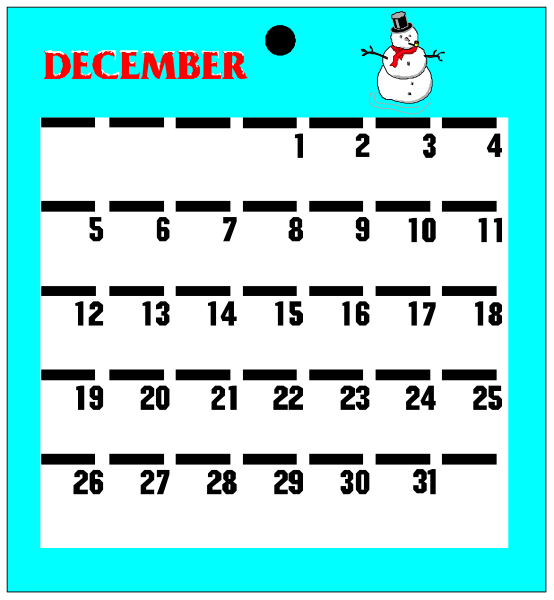 The image shows a calendar with dates from December to January 1st on it, set against a blue background at an angle that makes some of its numbers appear larger than others due to perspective distortion. There is also a small clip-art snowman in the top right corner and text reading "DECEMBER" above the first date visible. The calendar has been altered with black lines drawn over it, obscuring part of each month's dates except for December 1st through January 3rd which are clearly legible as follows: DEC 25TH - JAN