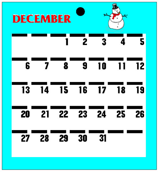 The image shows a calendar with dates from December to January 2017 displayed on it against a blue background. There is also an illustration of Santa Claus at the top right corner above the month "December." Additionally, there's text that reads "DECEMBER" in red and black font colors respectively just below this image. The calendar has numbered days from 1 to 30 for December with a checkmark next to each day except Sunday (which is not marked). There are no other objects or people visible within the frame of the clip-art image,