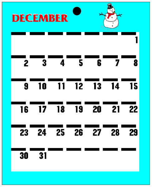 The picture shows a calendar with dates from December to January 2016 on it. It is designed like an Etch-a-Sketch drawing board where you can draw lines across squares representing days of the week and numbers indicating specific dates, such as Christmas Day (December 25th) being highlighted in red ink. The calendar has a blue background with white gridlines for each day's square. There is also an image at the top left corner depicting Santa Claus holding a sack full of presents next to his sleigh and reindeer,