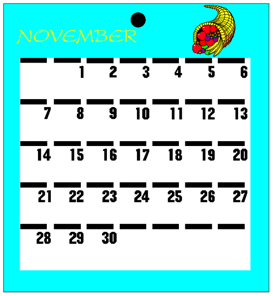 The calendar displays a November date range with days of week abbreviations at top; it is set against blue background featuring clip-art elements such as cherries on left side and text "November" in center, along with an illustration resembling a pineapple or banana above the month name.