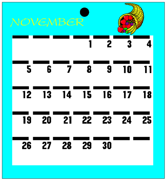 The calendar displays a month of November with dates filled out from 1 to 30th, including weekends; it is set against a blue background that resembles water. There's an image on top left corner showing a cartoonish pineapple and text "November" above the days in bold letters. The calendar has black lines connecting each day of November with numbers indicating dates from 1 to 30, including weekends; it is set against a blue background that resembles water. There's an image on top left corner showing a cartoonish pine