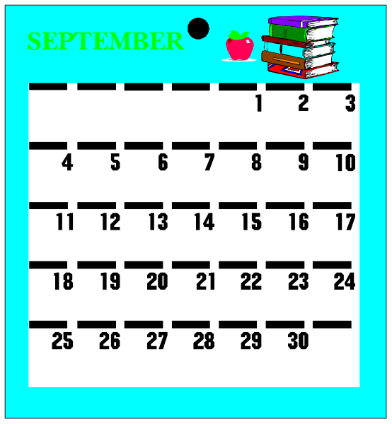 The image shows a calendar with dates from September to December 2019 displayed on it against a blue background. There is an apple icon in one of the squares indicating that day as special. In addition, there's clip-art text at top left corner reading "SEPTEMBER" and below right corner stating "BOOKS." The calendar has lines drawn across some dates with arrows pointing to them from a book on bottom left side.