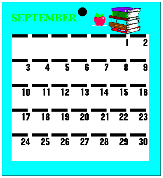 The calendar displays a September date with various activities such as reading books on Monday through Friday, but no events for Saturday or Sunday; it is set against a blue background that resembles watercolor paper texture.