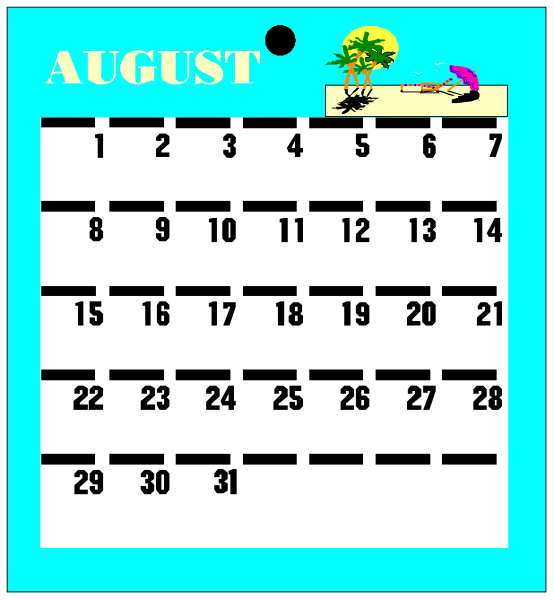 The calendar displays a month of August with dates filled out on it; there is an illustration at bottom left depicting two figures in water skis being pulled by what appears to be a boat.