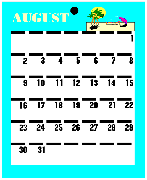 The calendar shows a month of August with dates filled out on it; there is also an illustration at bottom left depicting two palm trees under blue sky against white background.