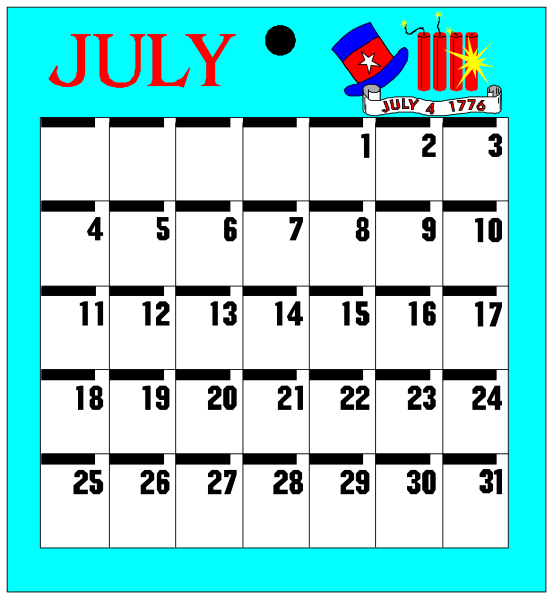 The calendar displays July with a patriotic theme featuring an American flag on Independence Day.