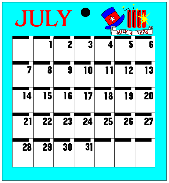 The calendar displays July with a patriotic theme featuring an American flag on top right corner of each day's box; there is no year indicated but it appears to be 2017 based on context provided by other elements in image, such as Independence Day celebration and presidential election date. There are also clip-art images at the bottom left: a blue calendar with days numbered from one through twelve, an American flag design above July's dates, and two small party hats next to each other near the top right corner of the calendar image; there is no text present in