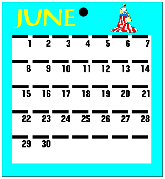 The calendar displays a cartoon character of an elephant with its trunk raised above it on June 1st. It is set against a blue background inside what appears to be a frame resembling that of a picture, and there's text at top reading "JUNE" in bold letters. Below the month name are dates from Monday through Sunday for each weekday throughout the entirety of June; however, only one date (the 1st) is highlighted with an elephant character above it. The calendar has a simple design and uses black lines to represent days on which no
