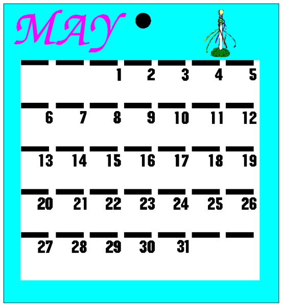 The calendar displays a May date with "May" written at top left corner; it is set against blue background featuring an image of a person in white shirt holding up two fingers on right side.