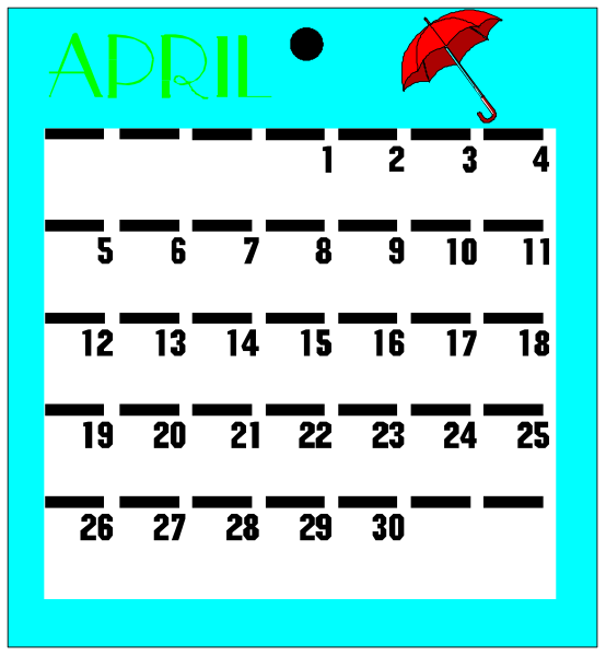 The image shows a calendar with April dates filled out on it, an umbrella icon at top right corner indicating rainy weather for that month, and text reading "April" in green font above the first date of the week displayed (Sunday).