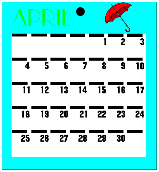 The image shows a calendar with April written at top left corner, an umbrella icon on right side of calendar indicating rainy weather for that month, dates filled in from 1 to 30th day and some days highlighted as holidays like Easter Sunday which is colored green. There are no people or animals visible in the image. The setting appears to be a simple digital representation with blue background coloring outside the grid lines of calendar. No actions can be discerned just by looking at this still picture, but it seems that someone has filled out their schedule for April 201